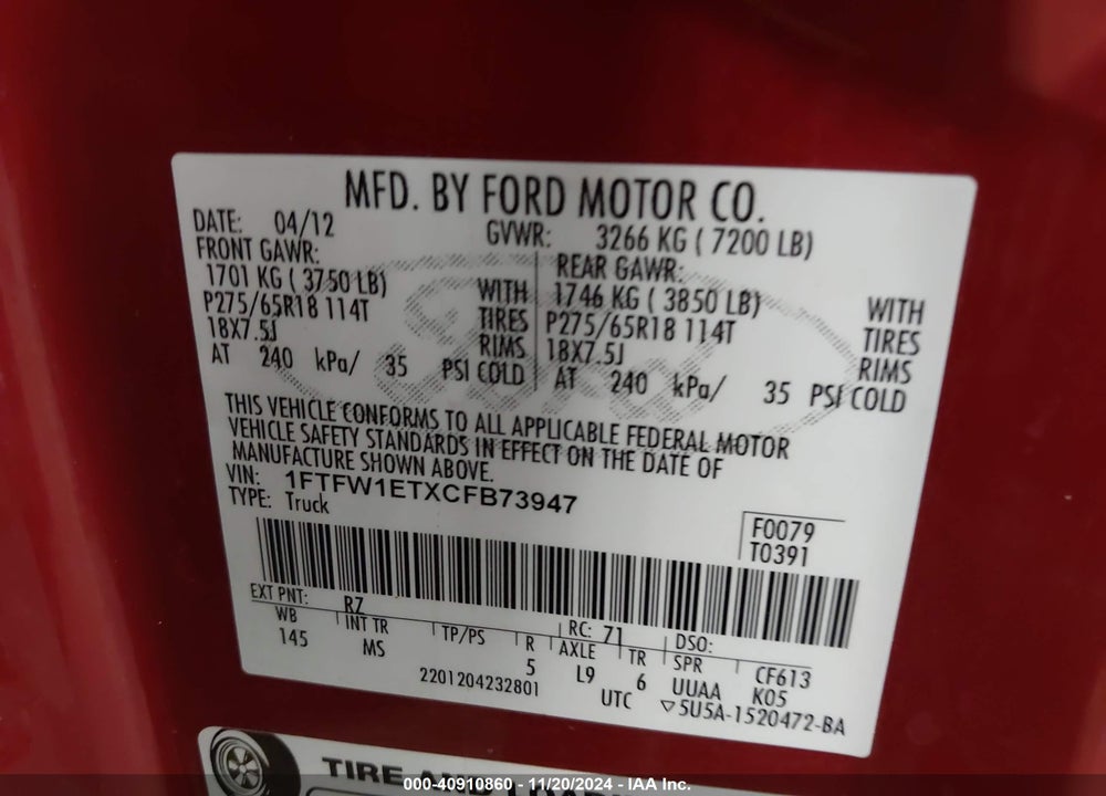 2012 FORD F150 VIN: 1FTFW1ETXCFB73947
