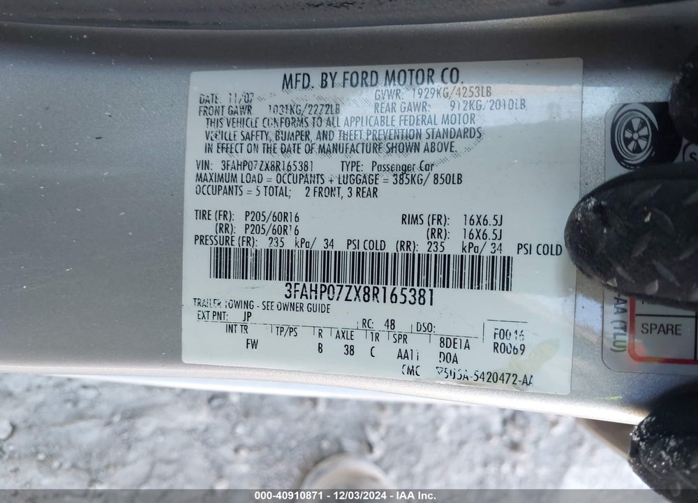 2008 FORD FUSION SE VIN: 3FAHP07ZX8R165381