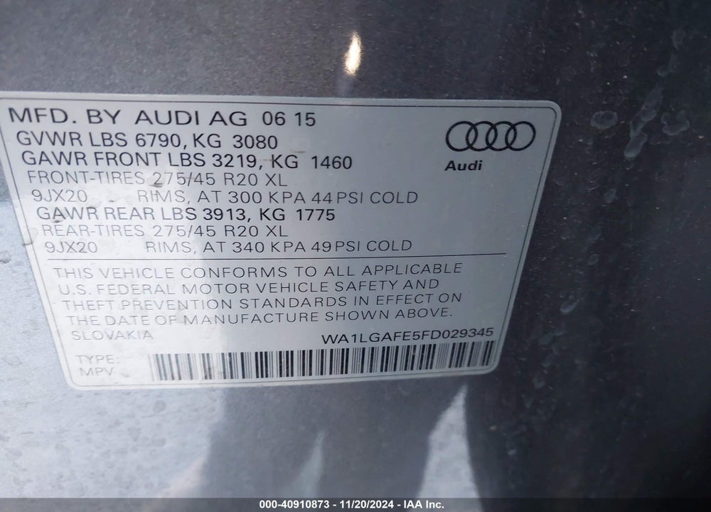 2015 AUDI Q7 3.0T PREMIUM VIN: WA1LGAFE5FD029345