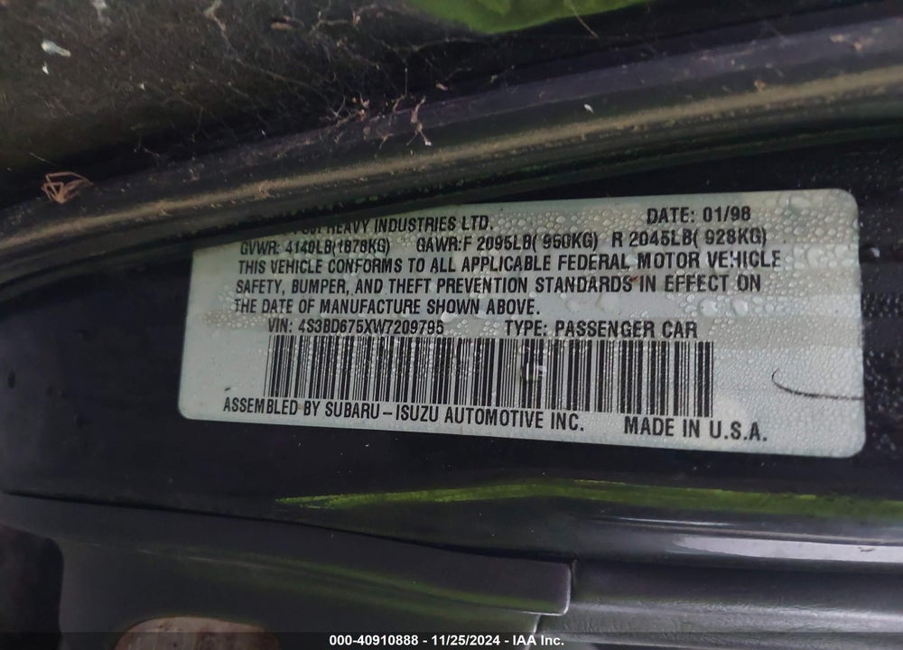 1998 SUBARU LEGACY GT/GT LIMITED VIN: 4S3BD675XW7209795