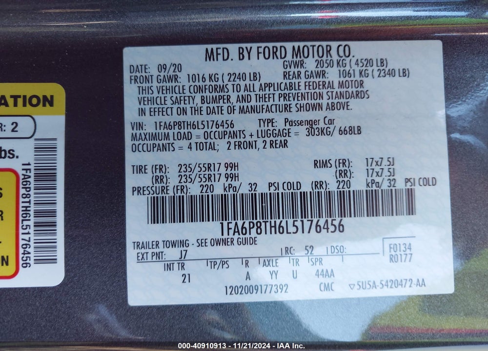 2020 FORD MUSTANG ECOBOOST VIN: 1FA6P8TH6L5176456