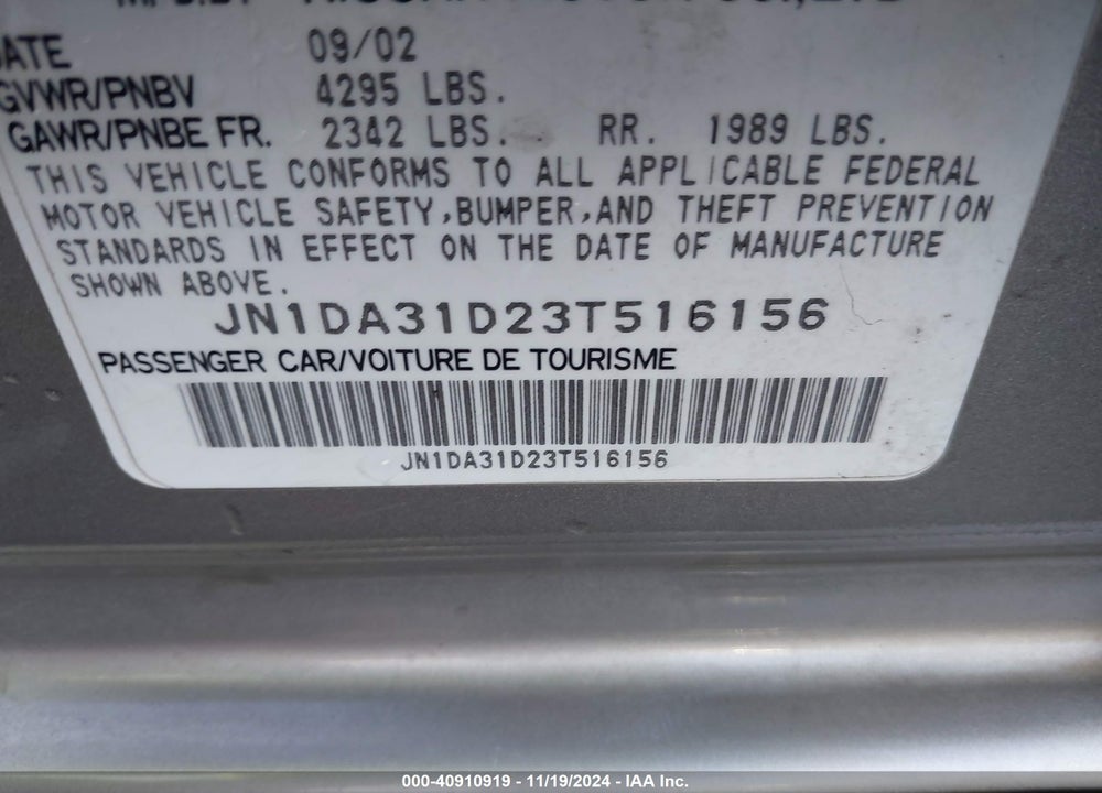 2003 NISSAN MAXIMA SE VIN: JN1DA31D23T516156