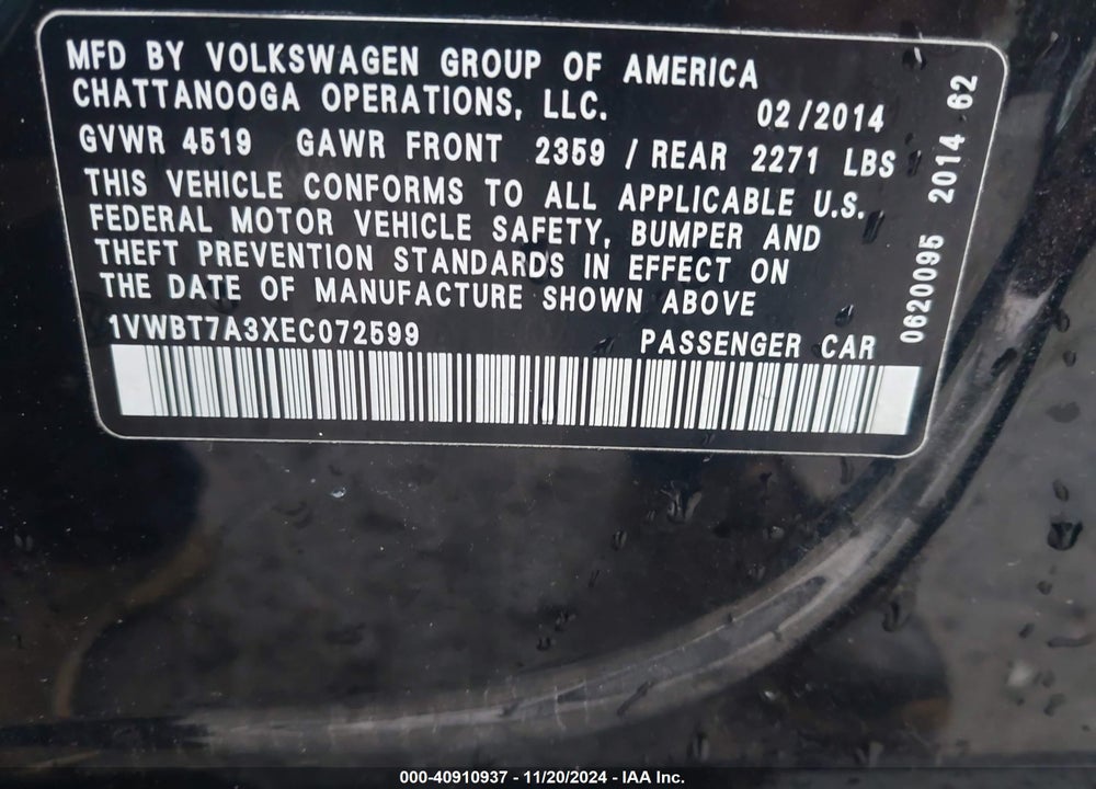 2014 VOLKSWAGEN PASSAT VIN: 1VWBT7A3XEC072599