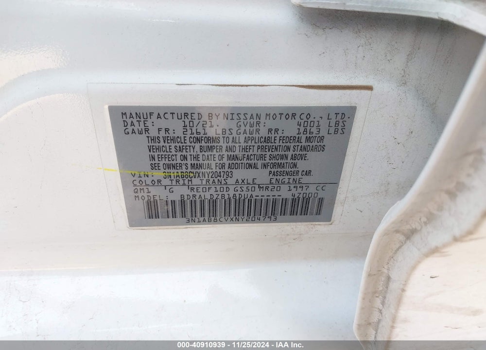 2022 NISSAN SENTRA SV XTRONIC CVT VIN: 3N1AB8CVXNY204793