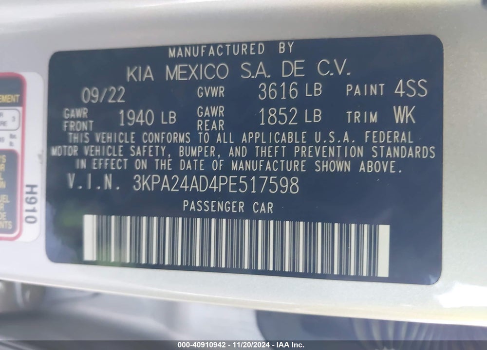 2023 KIA RIO VIN: 3KPA24AD4PE517598