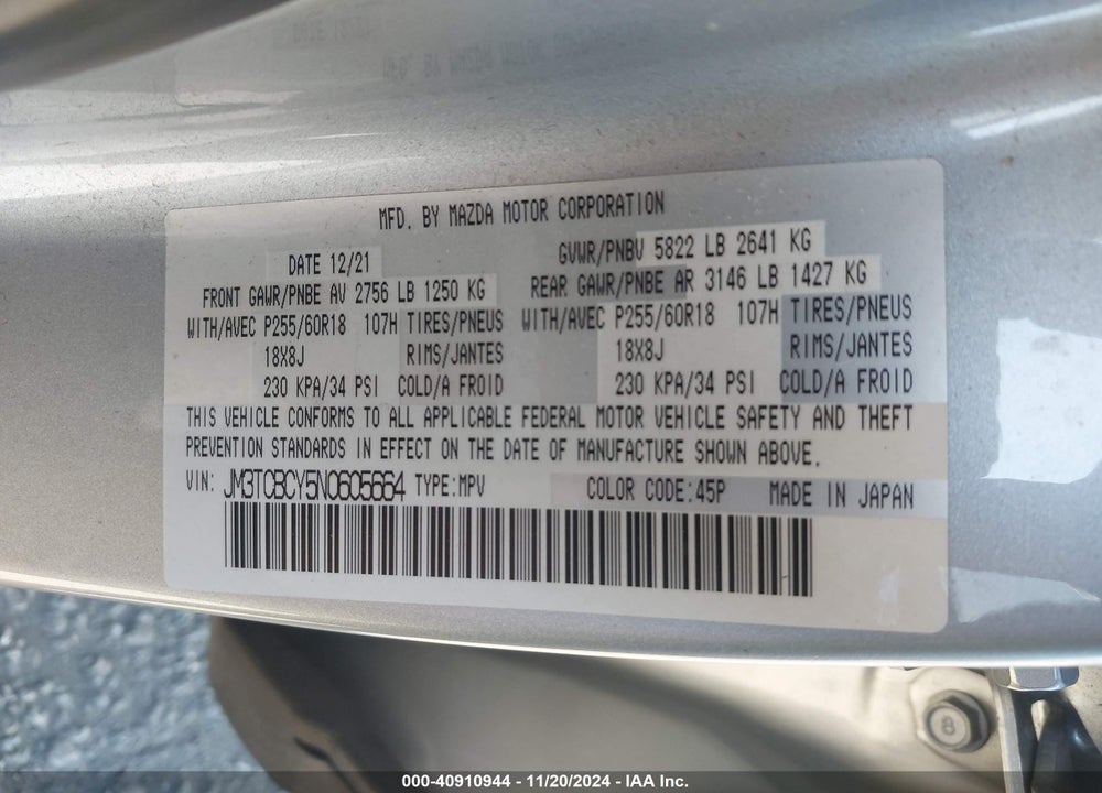 2022 MAZDA CX-9 TOURING VIN: JM3TCBCY5N0605664