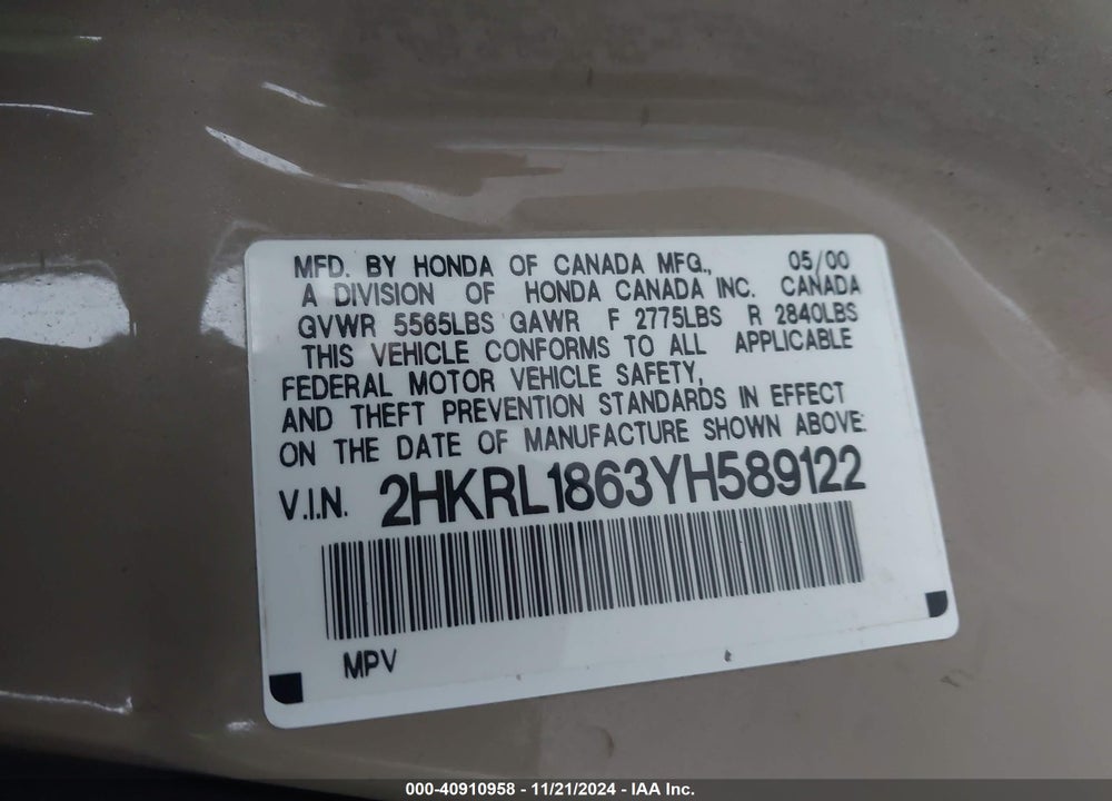 2000 HONDA ODYSSEY EX VIN: 2HKRL1863YH589122
