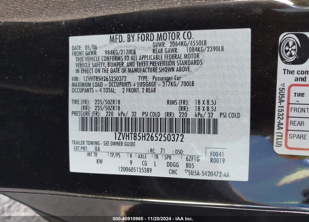 2006 FORD MUSTANG GT VIN: 1ZVHT85H265250372