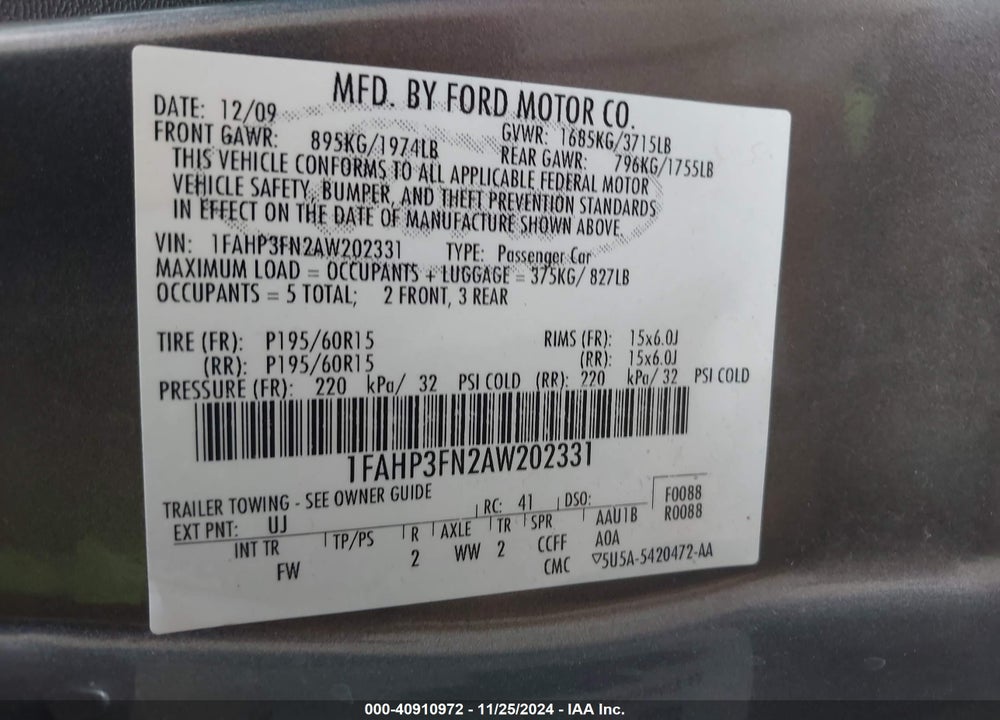 2010 FORD FOCUS SE VIN: 1FAHP3FN2AW202331