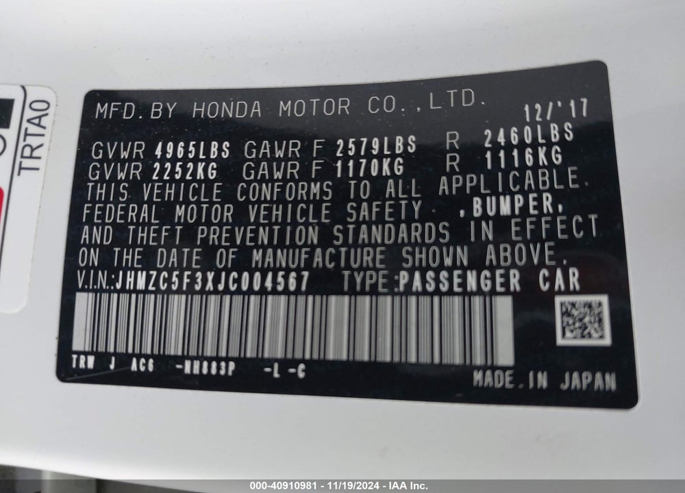 2018 HONDA CLARITY PLUG-IN HYBRID TOURING VIN: JHMZC5F3XJC004567