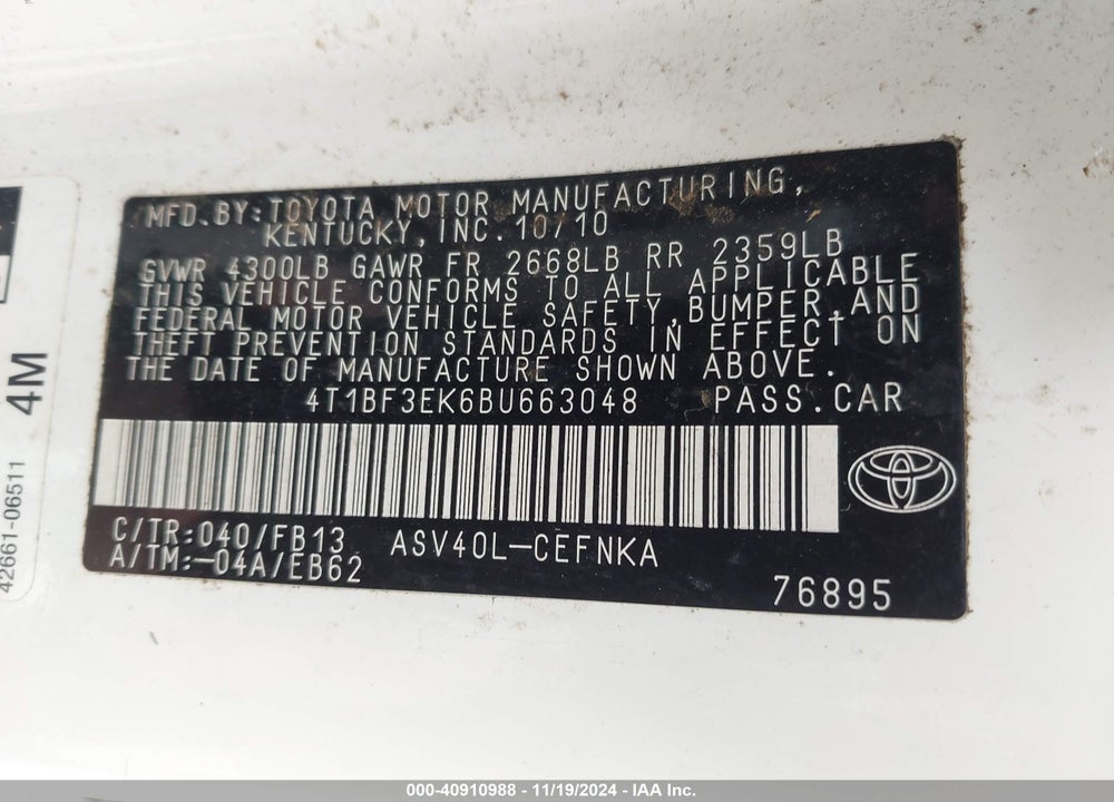 2011 TOYOTA CAMRY VIN: 4T1BF3EK6BU663048