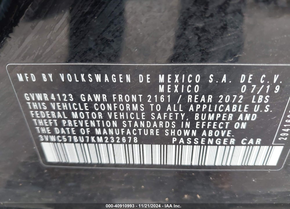 2019 VOLKSWAGEN JETTA VIN: 3VWC57BU7KM232678