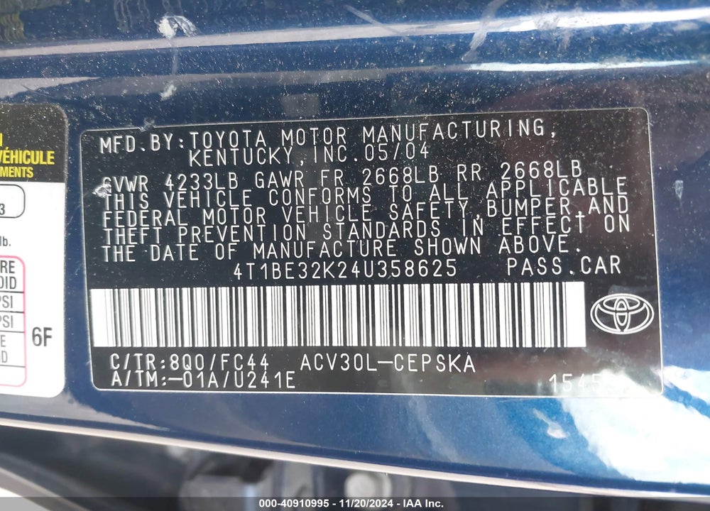 2004 TOYOTA CAMRY SE VIN: 4T1BE32K24U358625