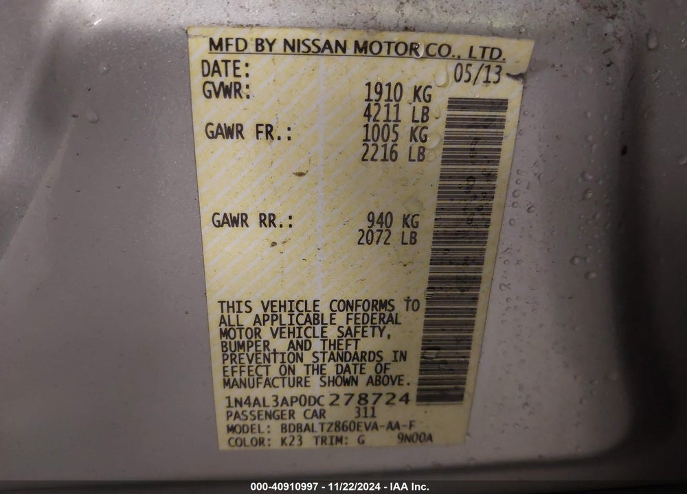 2013 NISSAN ALTIMA 2.5 SV VIN: 1N4AL3AP0DC278724