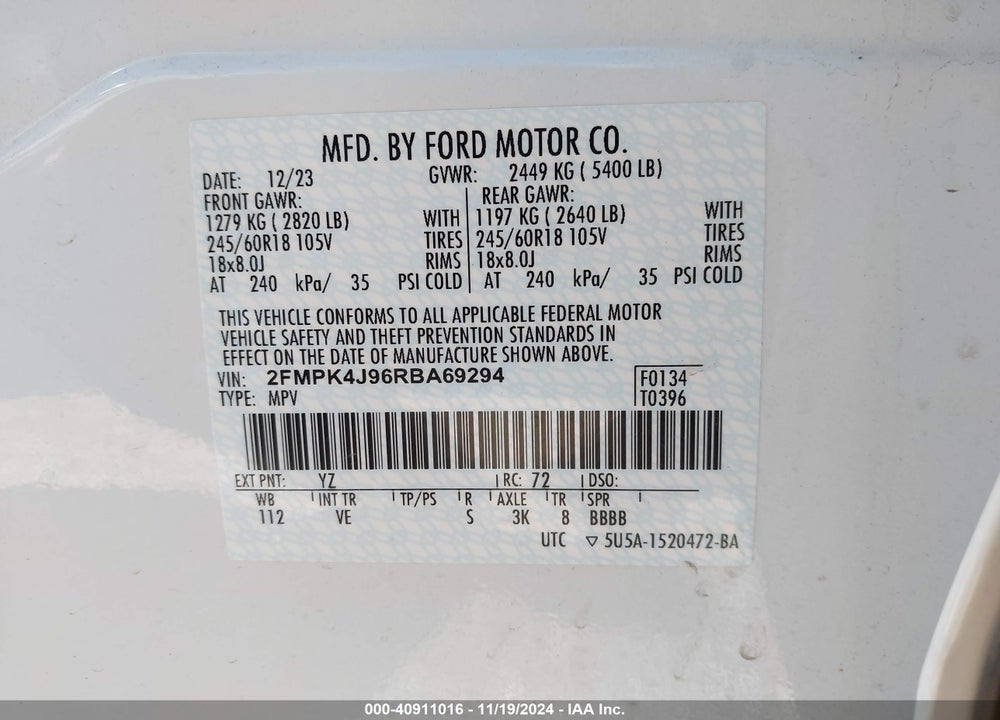 2024 FORD EDGE SEL VIN: 2FMPK4J96RBA69294