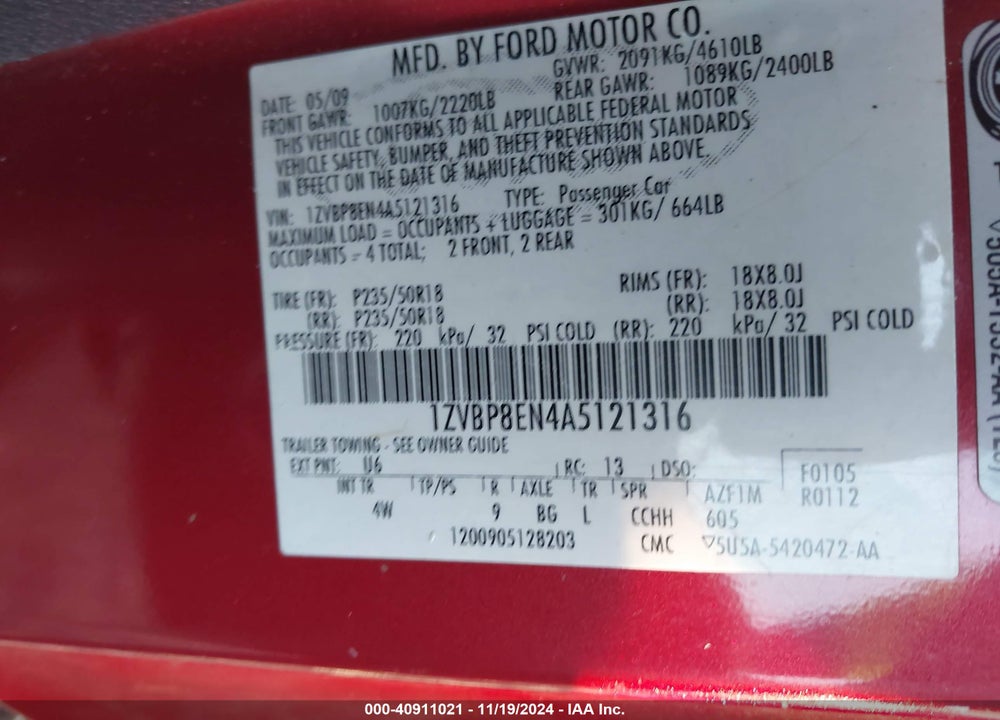 2010 FORD MUSTANG V6/V6 PREMIUM VIN: 1ZVBP8EN4A5121316