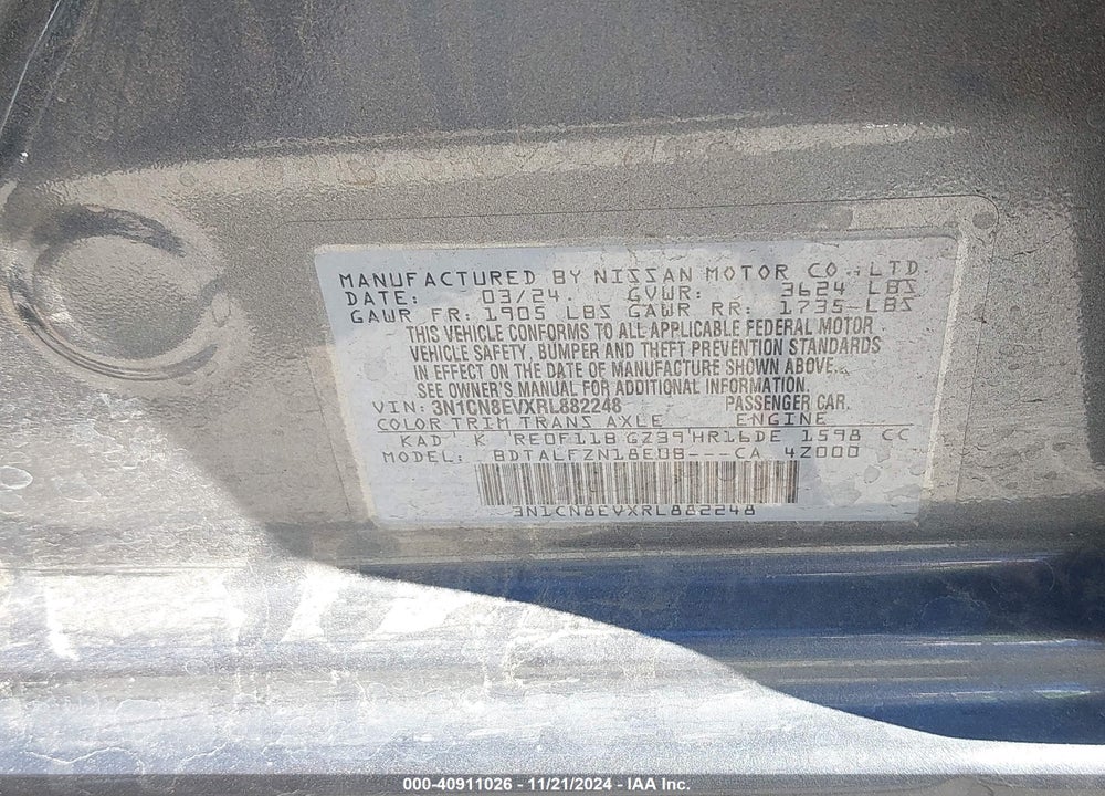2024 NISSAN VERSA 1.6 SV VIN: 3N1CN8EVXRL882248