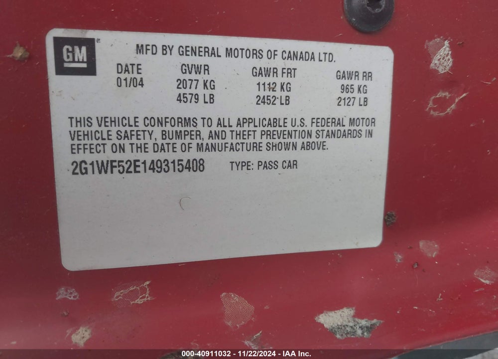 2004 CHEVROLET IMPALA VIN: 2G1WF52E149315408