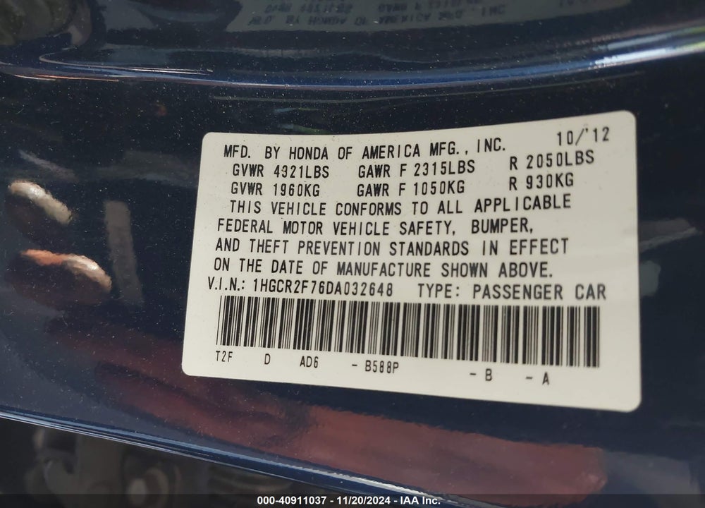 2013 HONDA ACCORD EX VIN: 1HGCR2F76DA032648