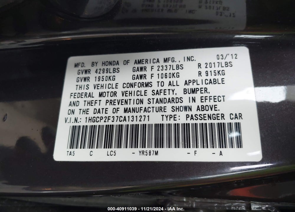2012 HONDA ACCORD 2.4 LX VIN: 1HGCP2F37CA131271