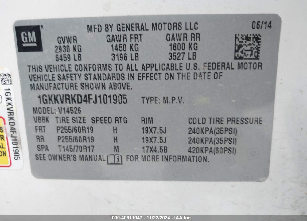 2015 GMC ACADIA SLT-1 VIN: 1GKKVRKD4FJ101905