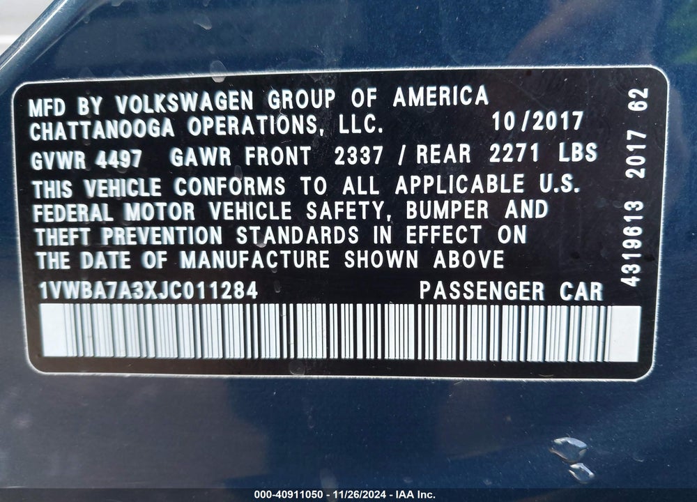 2018 VOLKSWAGEN PASSAT 2.0T SE VIN: 1VWBA7A3XJC011284
