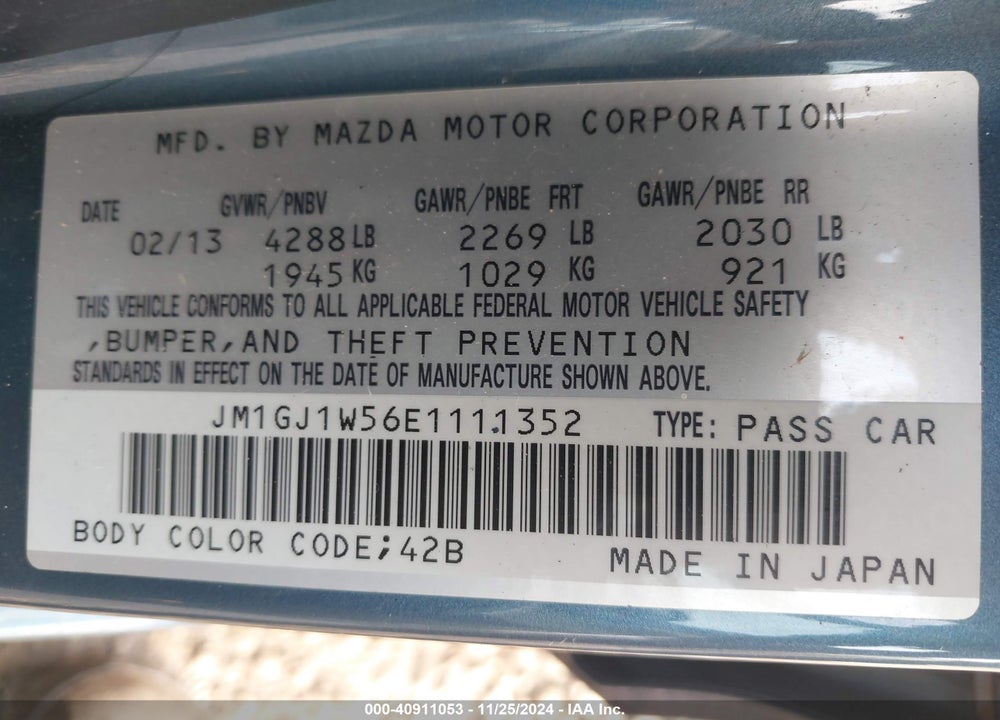 2014 MAZDA MAZDA6 VIN: JM1GJ1W56E1111352