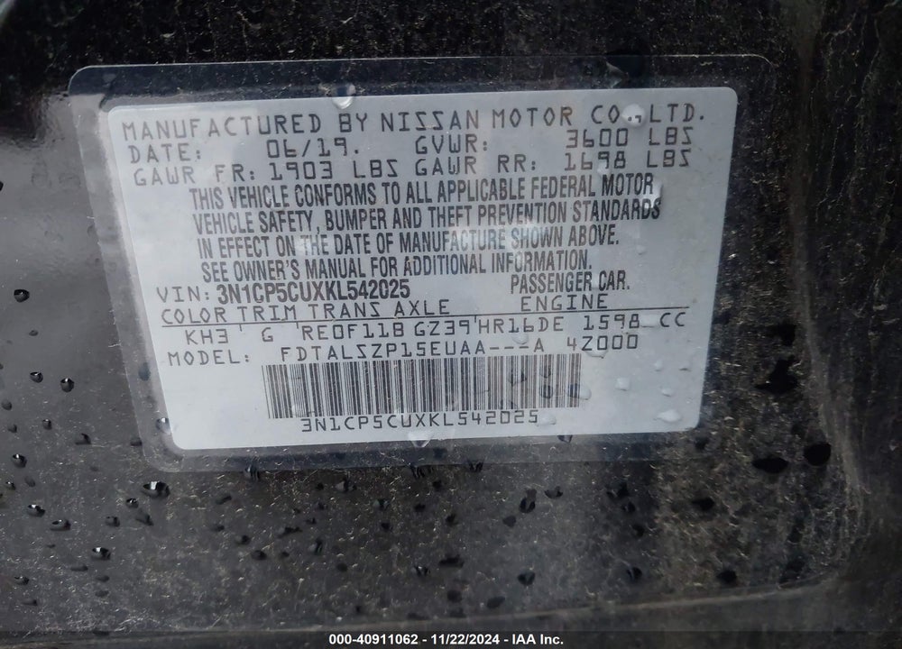 2019 NISSAN KICKS SV VIN: 3N1CP5CUXKL542025