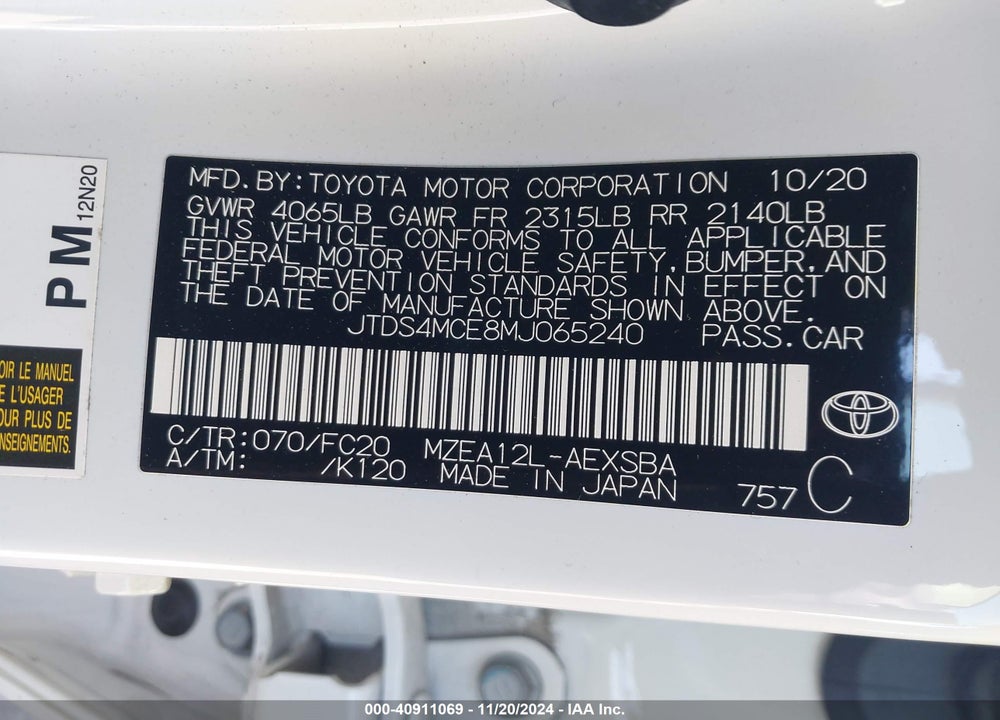2021 TOYOTA COROLLA VIN: JTDS4MCE8MJ065240