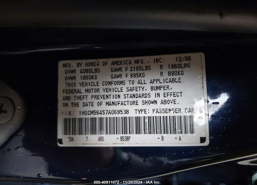 2007 HONDA ACCORD 2.4 LX VIN: 1HGCM56457A069538