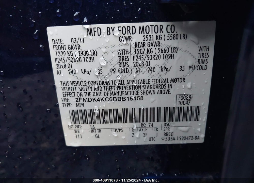 2011 FORD EDGE LIMITED VIN: 2FMDK4KC6BBB15158