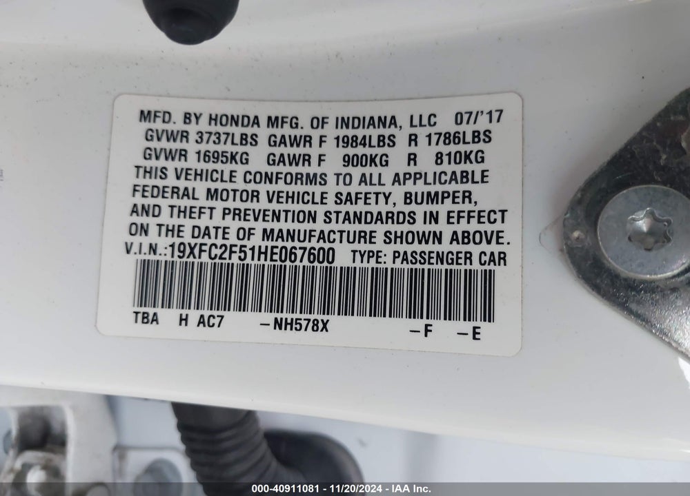 2017 HONDA CIVIC LX VIN: 19XFC2F51HE067600