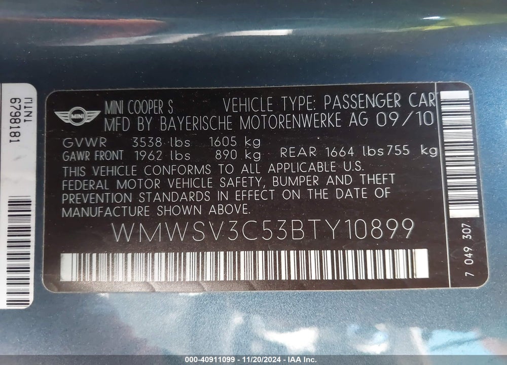 2011 MINI COOPER S VIN: WMWSV3C53BTY10899
