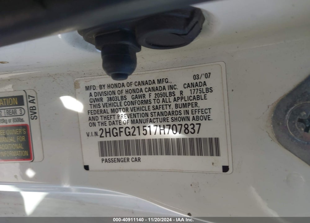 2007 HONDA CIVIC VIN: 2HGFG21517H707837