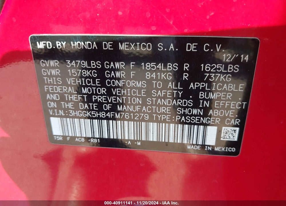 2015 HONDA FIT EX/EX-L VIN: 3HGGK5H84FM761279