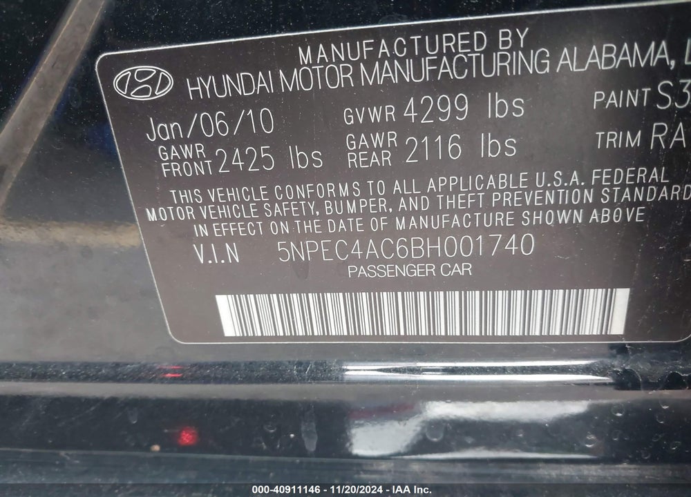 2011 HYUNDAI SONATA LIMITED VIN: 5NPEC4AC6BH001740