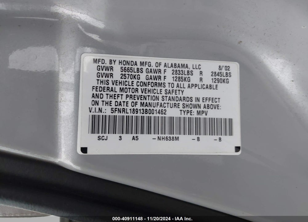 2003 HONDA ODYSSEY VIN: 5FNRL18913B001462
