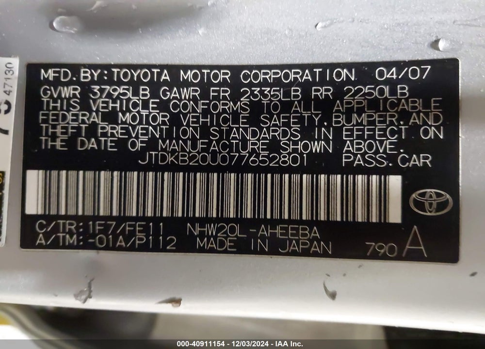 2007 TOYOTA PRIUS VIN: JTDKB20U077652801