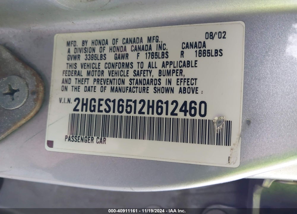 2002 HONDA CIVIC LX VIN: 2HGES16512H612460