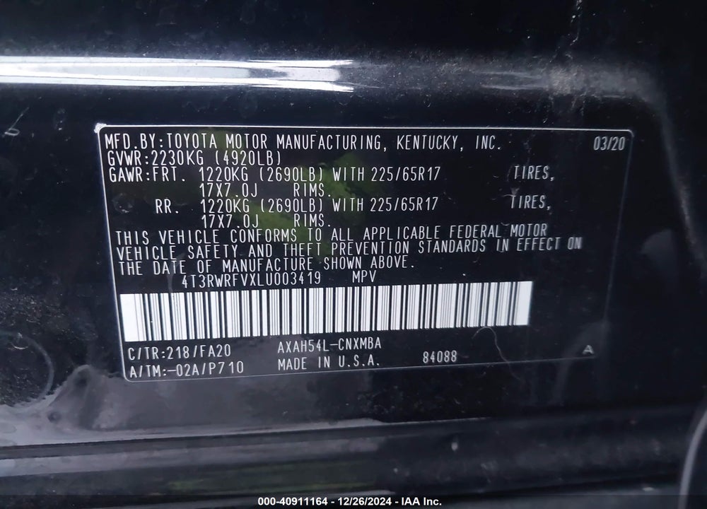2020 TOYOTA RAV4 HYBRID XLE VIN: 4T3RWRFVXLU003419