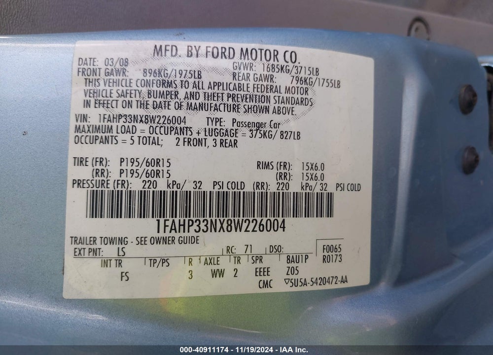 2008 FORD FOCUS SE/SES VIN: 1FAHP33NX8W226004