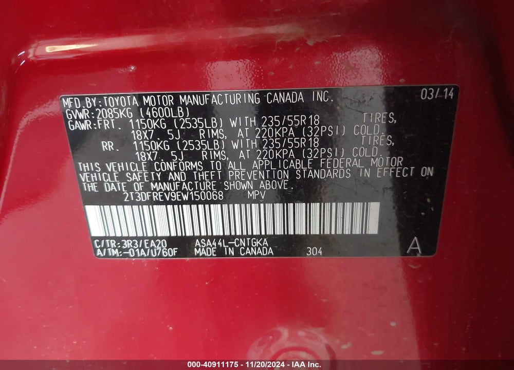2014 TOYOTA RAV4 LIMITED VIN: 2T3DFREV9EW150068