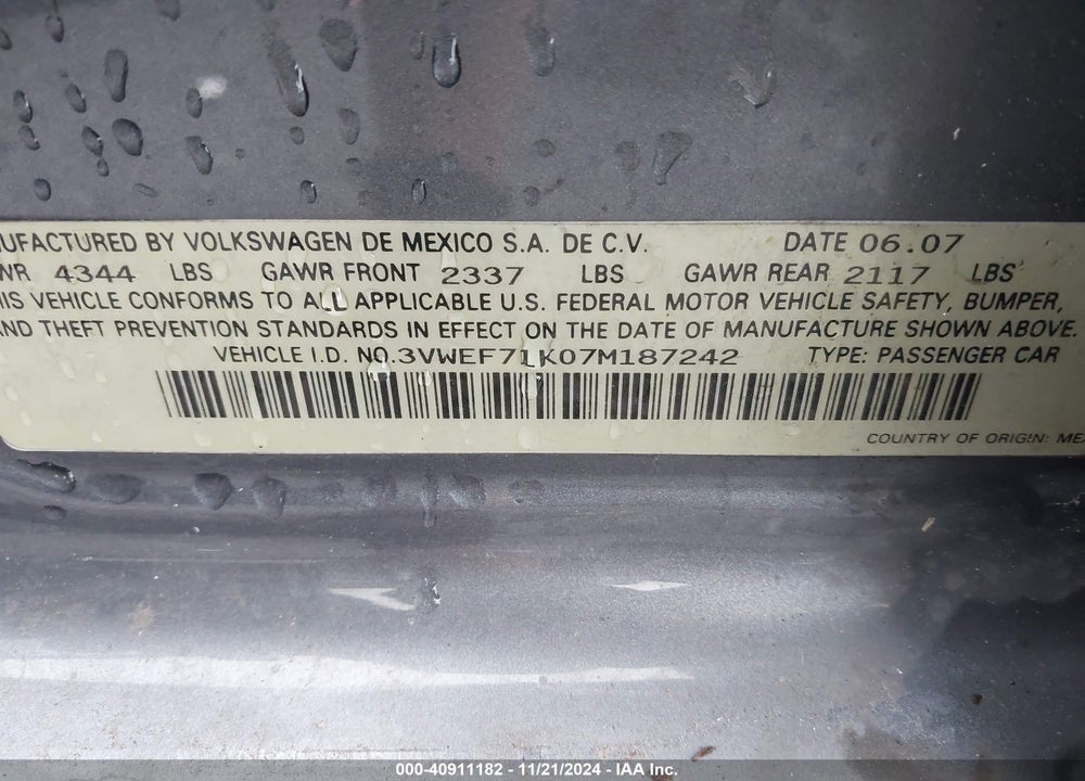 2007 VOLKSWAGEN JETTA VIN: 3VWEF71K07M187242
