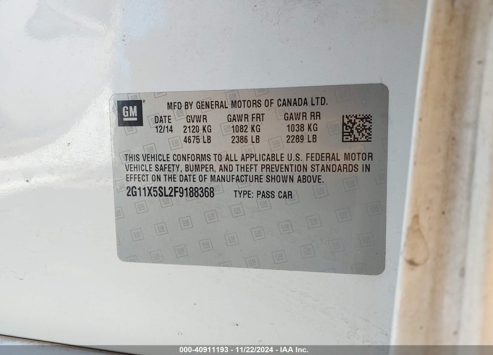 2015 CHEVROLET IMPALA 1FL VIN: 2G11X5SL2F9188368