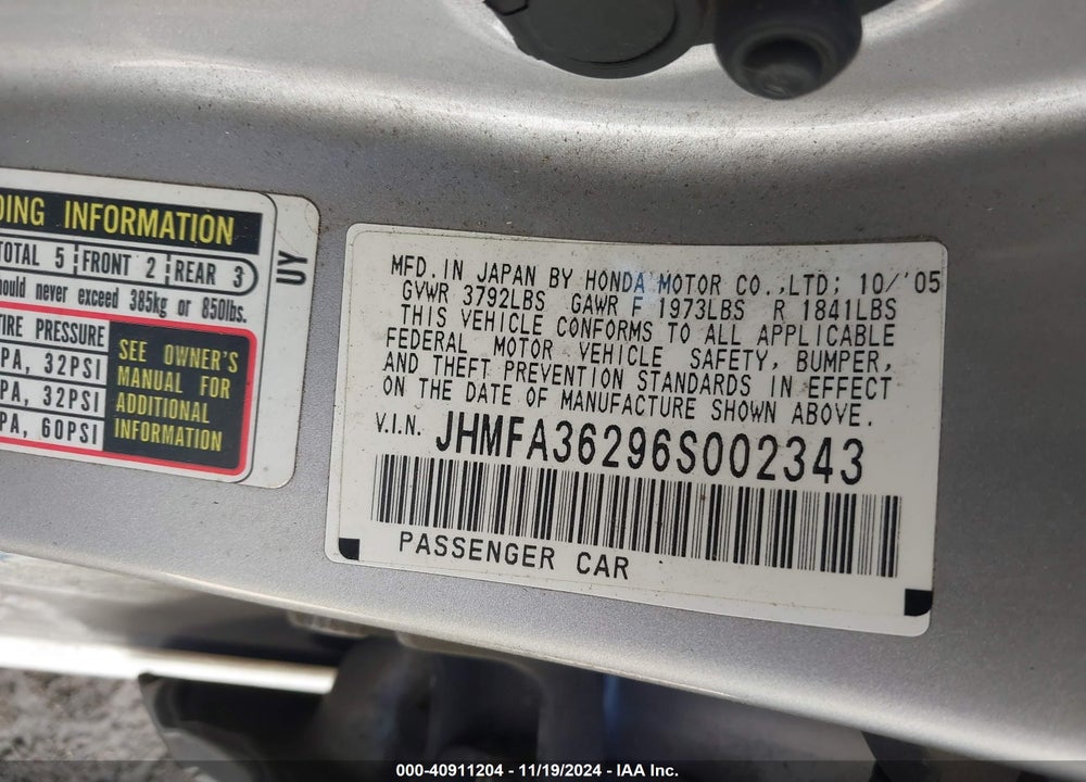 2006 HONDA CIVIC HYBRID VIN: JHMFA36296S002343
