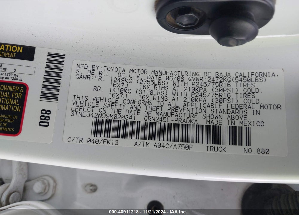 2009 TOYOTA TACOMA BASE V6 VIN: 3TMLU42N99M020341