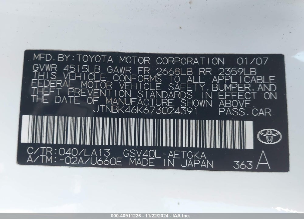 2007 TOYOTA CAMRY XLE V6 VIN: JTNBK46K673024391