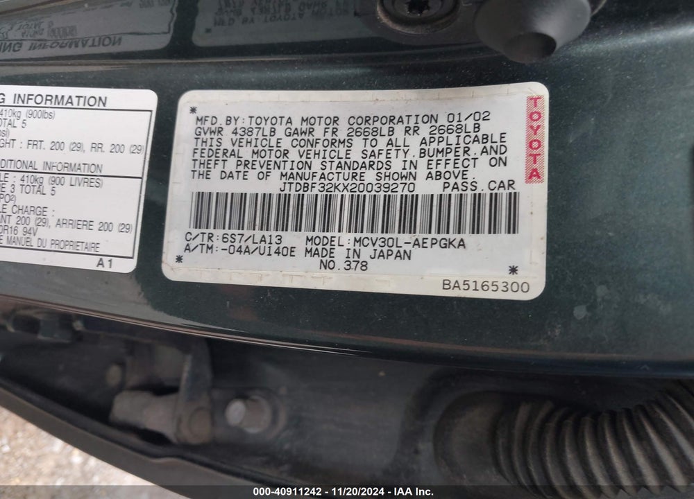 2002 TOYOTA CAMRY XLE V6 VIN: JTDBF32KX20039270