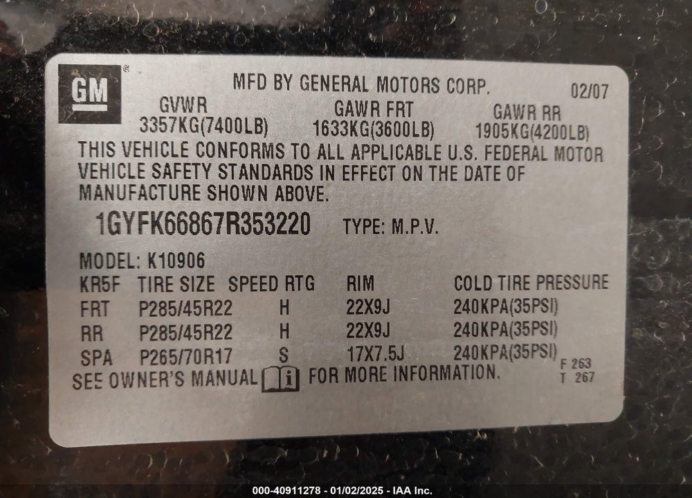 2007 CADILLAC ESCALADE ESV STANDARD VIN: 1GYFK66867R353220