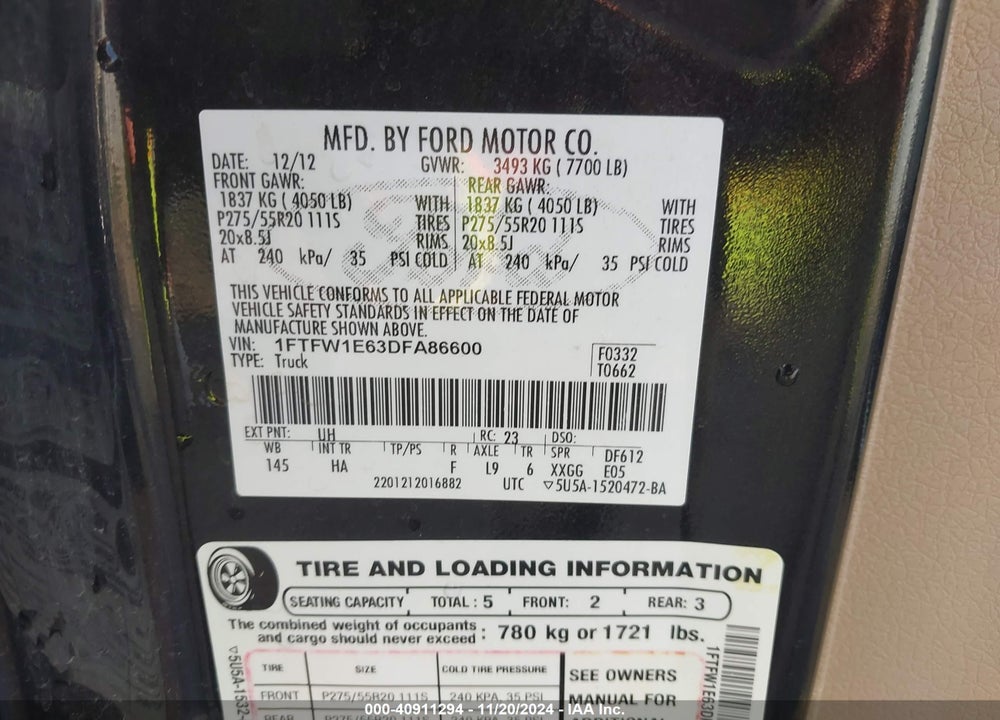 2013 FORD F-150 LARIAT VIN: 1FTFW1E63DFA86600